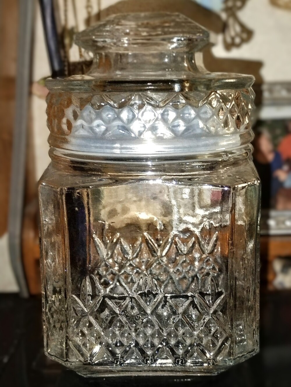 Vintage Koeze's Clear Glass Apothecary Storage Jar w/lid - Diamond Pattern